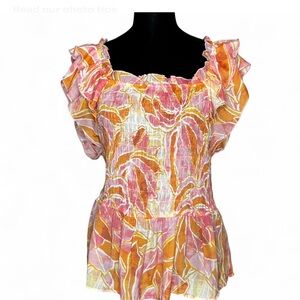 NANETTE LEPORE Pink and Orange Ruffled Blouse L,Short Sleeves  And Boho Style